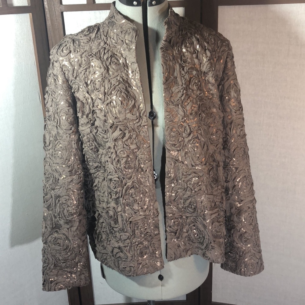 Chico’s Beautiful bronze color jacket with sequins/ ribbon used in floral design